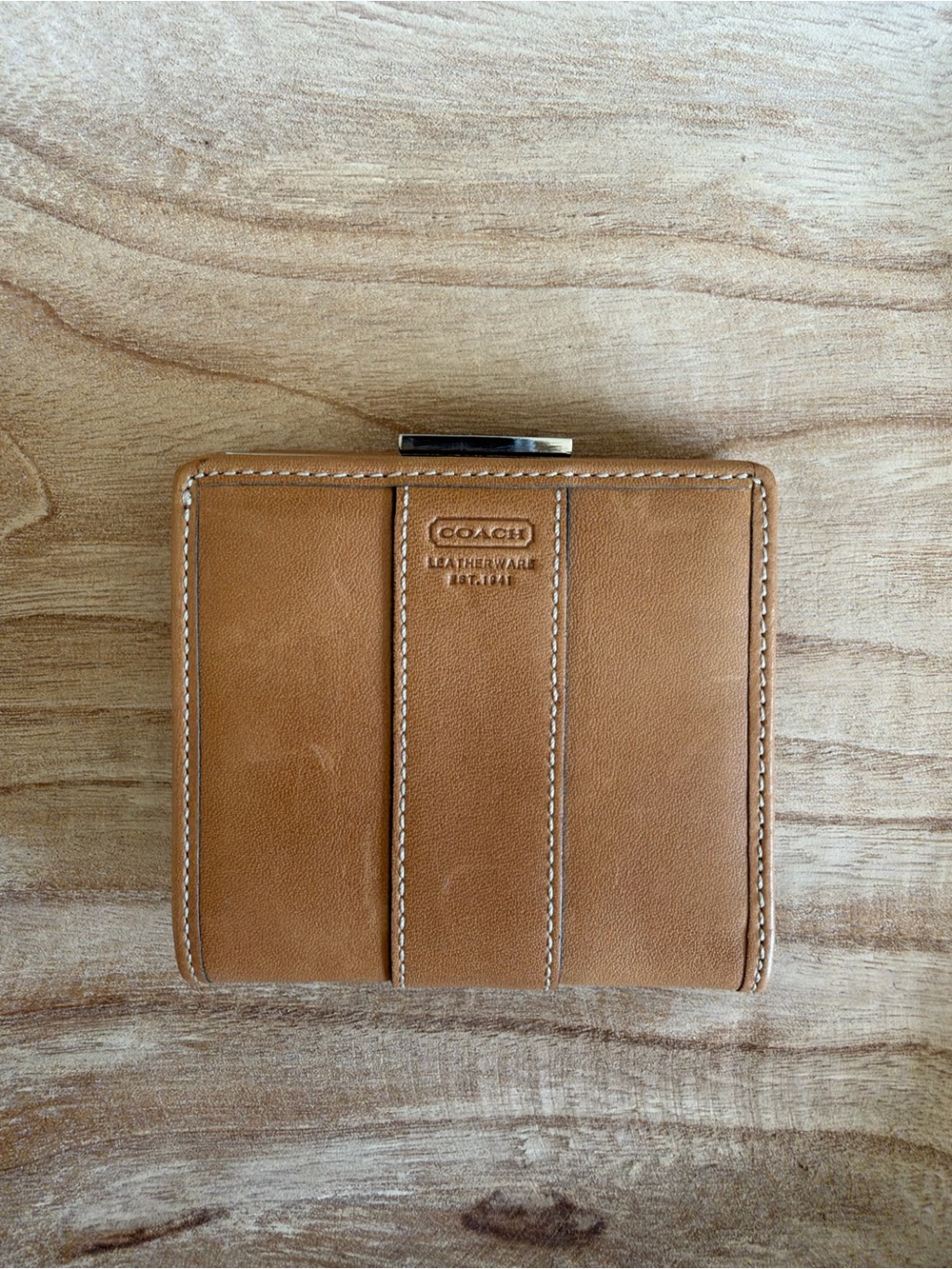 Vintage Coach Tan Leather French Wallet Signature C Jacquard Framed Coin Purse